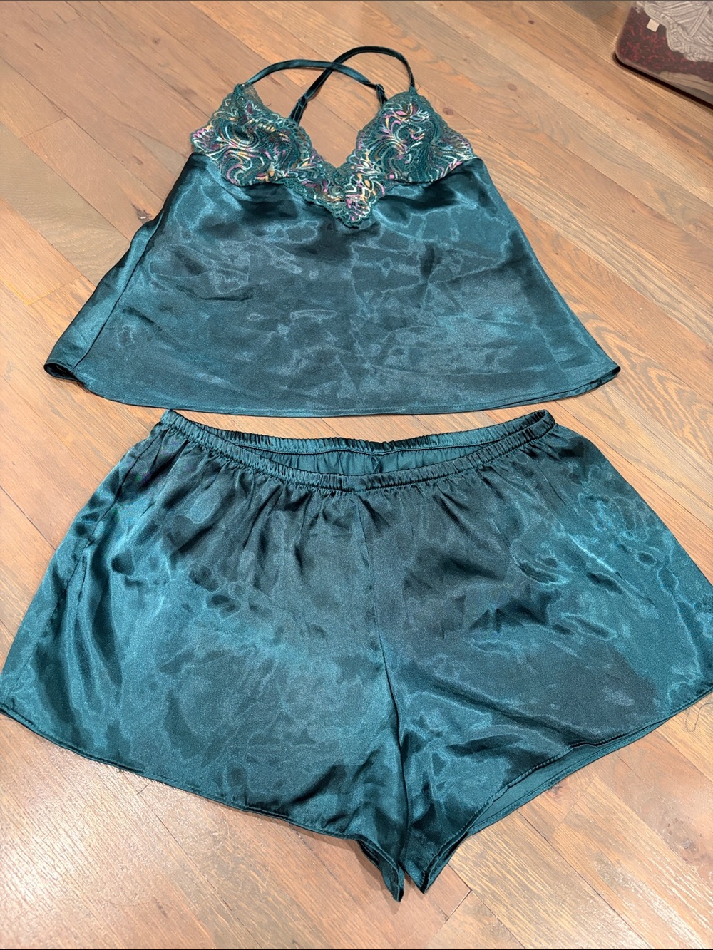 Satin Camisole & Short Sleep Set in Teal with Embroidered Lace